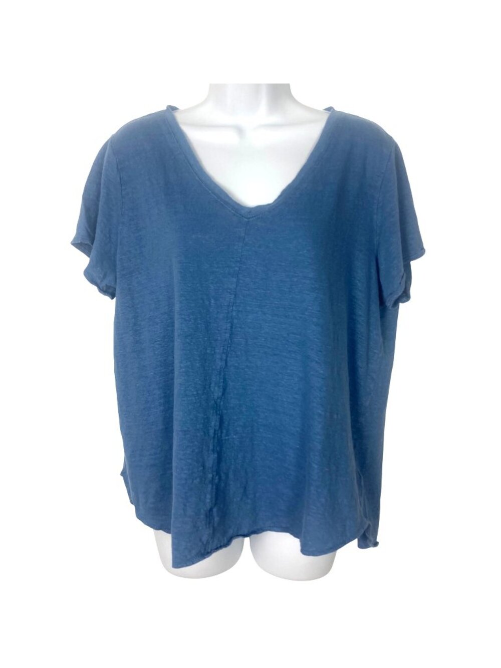 Tahari Blue V Neck Linen Top Womens 1X Short Sleeve Lagenlook Lightweight